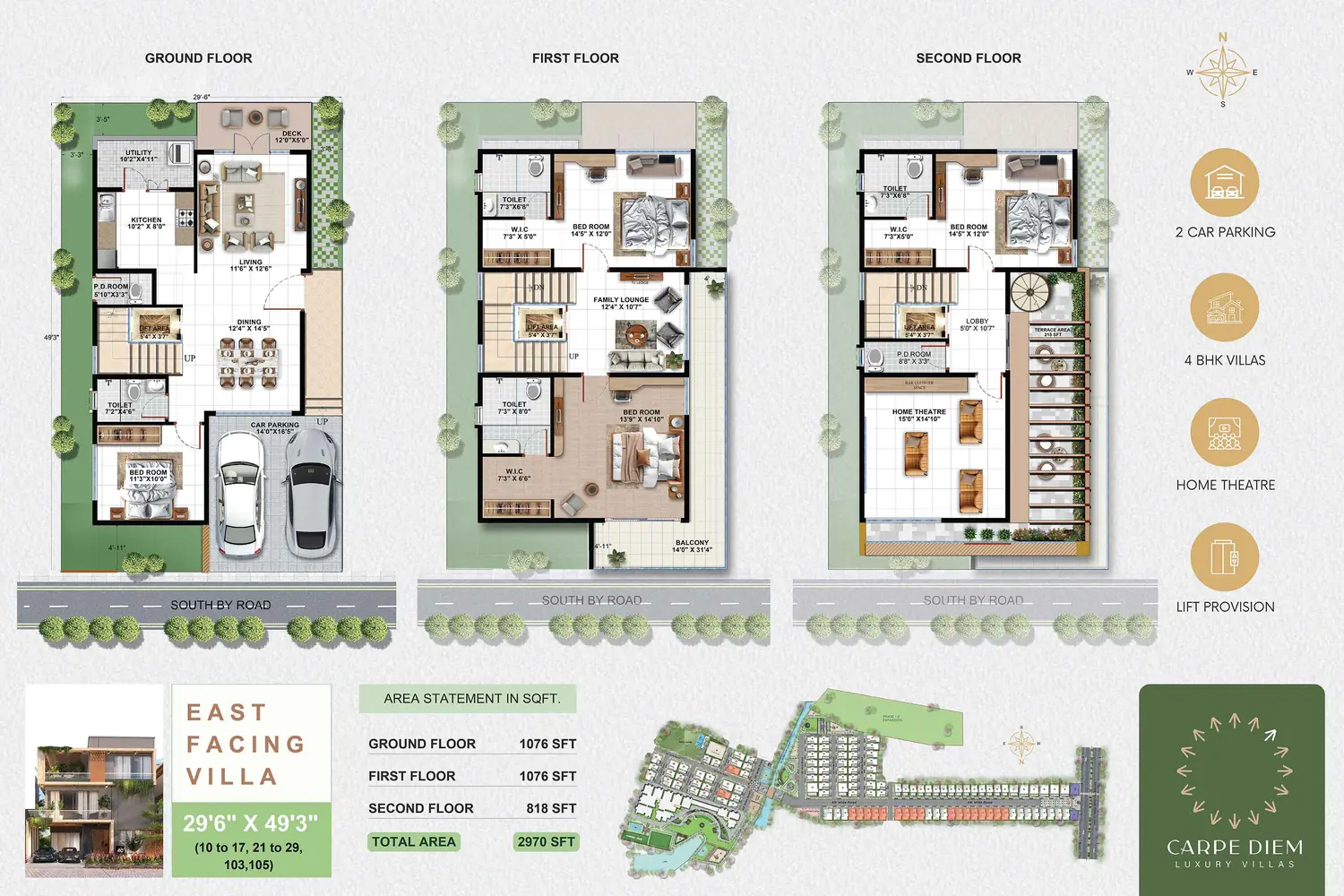 30×50 East-facing 4 BHK villa plan (29′6″ × 49′3″)