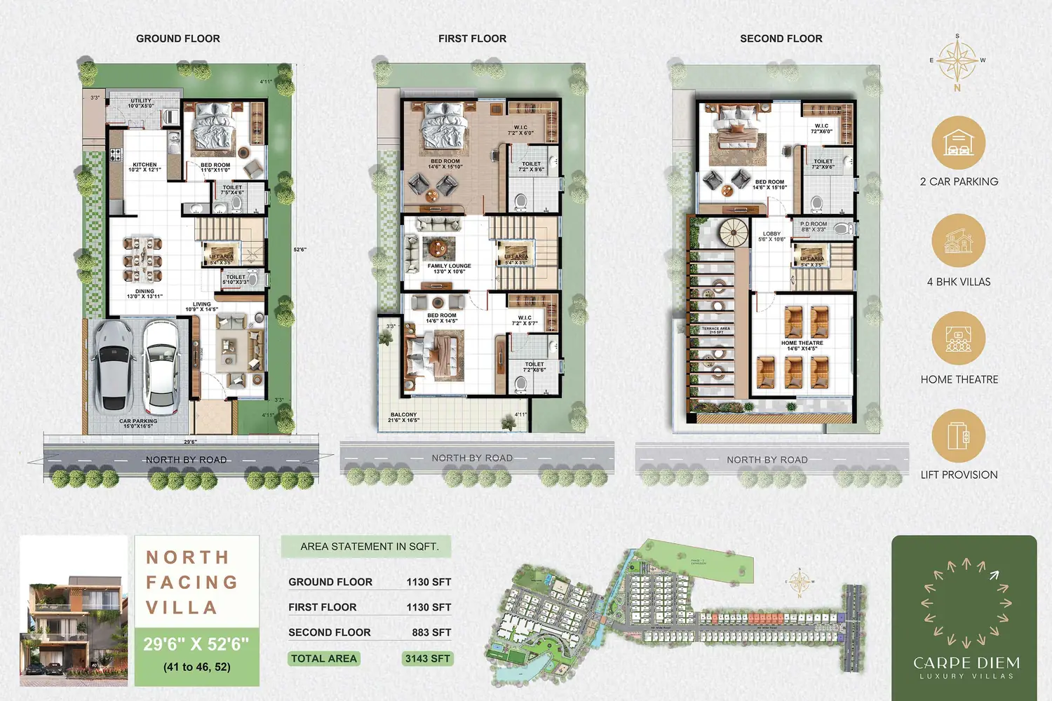 30×53 North-facing 4 BHK villa plan (29′6″ × 52′6″)