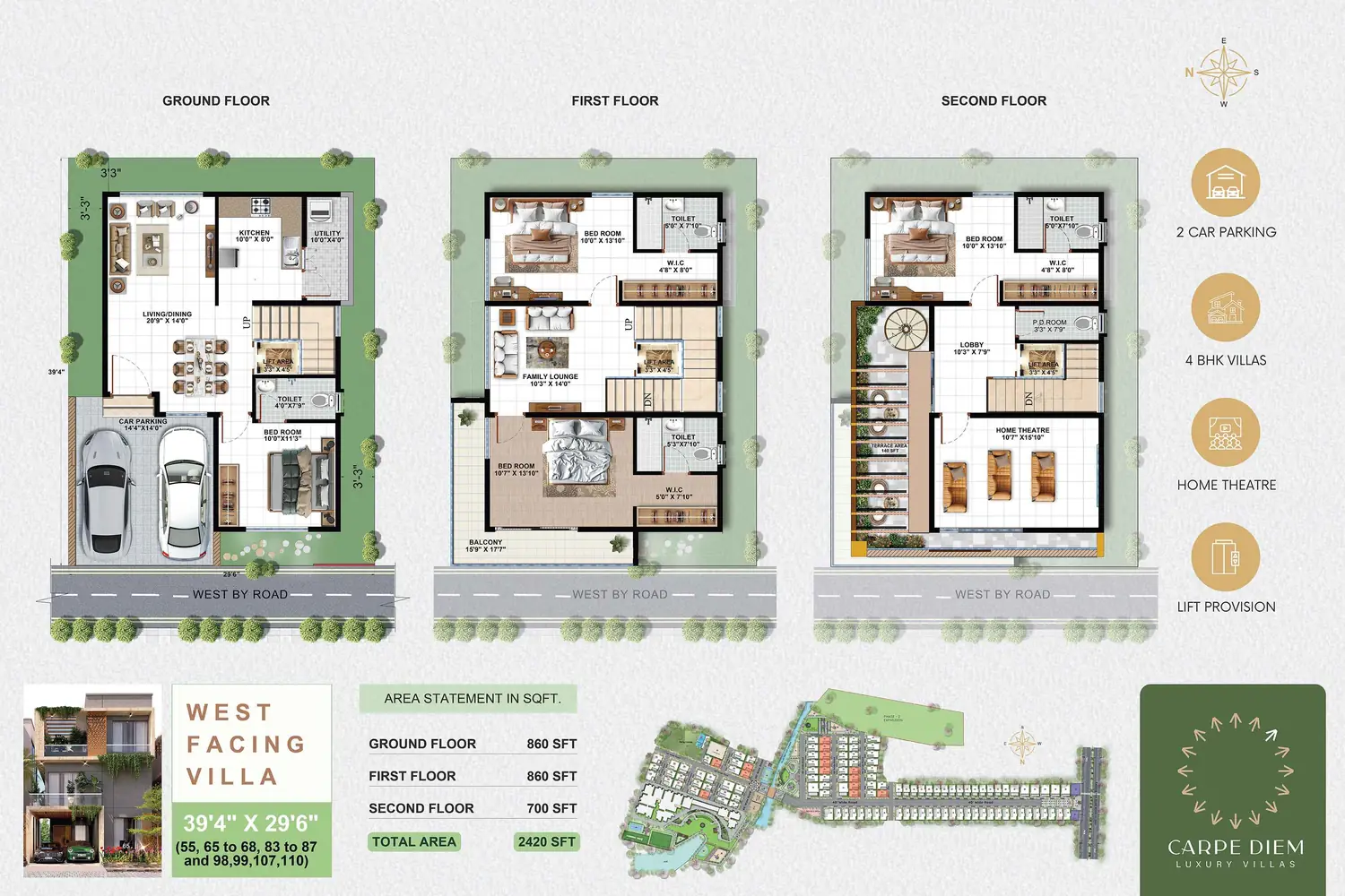 30×40 West-facing 4 BHK villa plan (39′4″ × 29′6″)