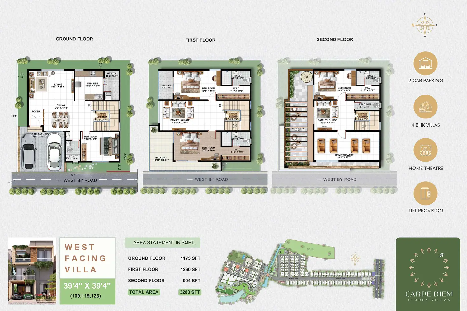 40×40 West-facing 4 BHK villa plan (39′4″ × 39′4″)